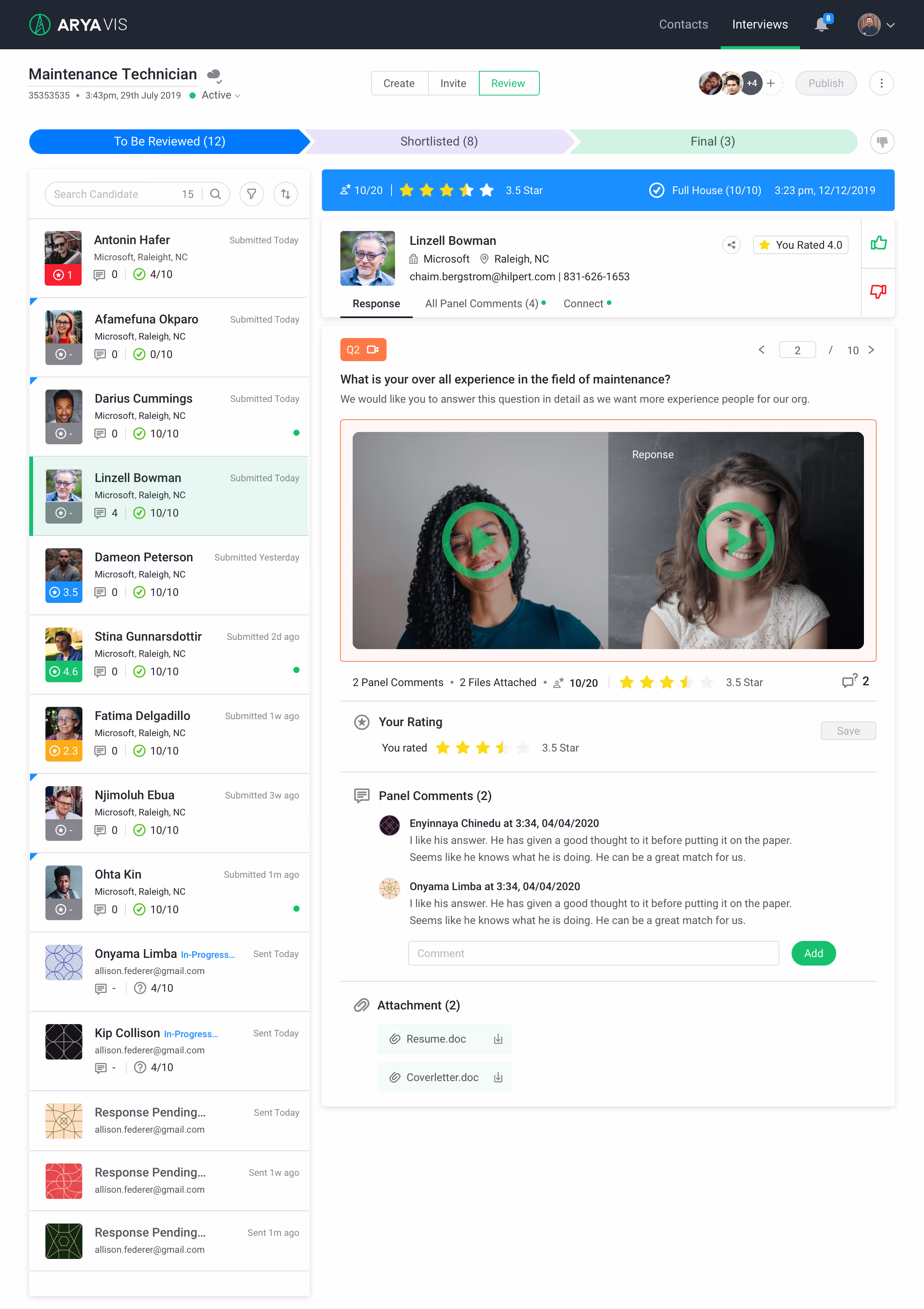 Arya VIS Review tab showing a side-by-side comparison of two candidates' video responses