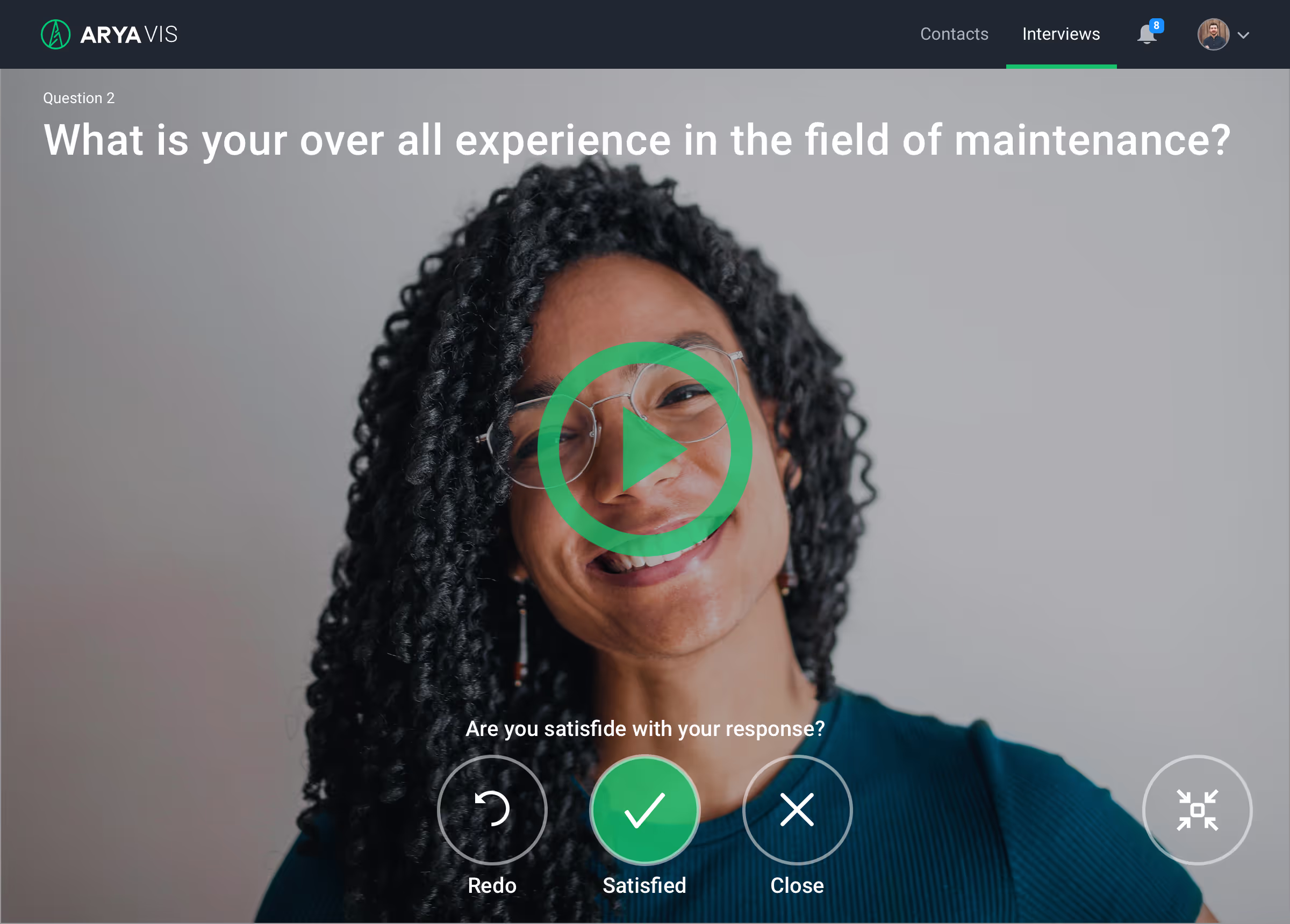Candidate-facing Arya VIS screen for recording a video answer, showing the interview question and playback controls