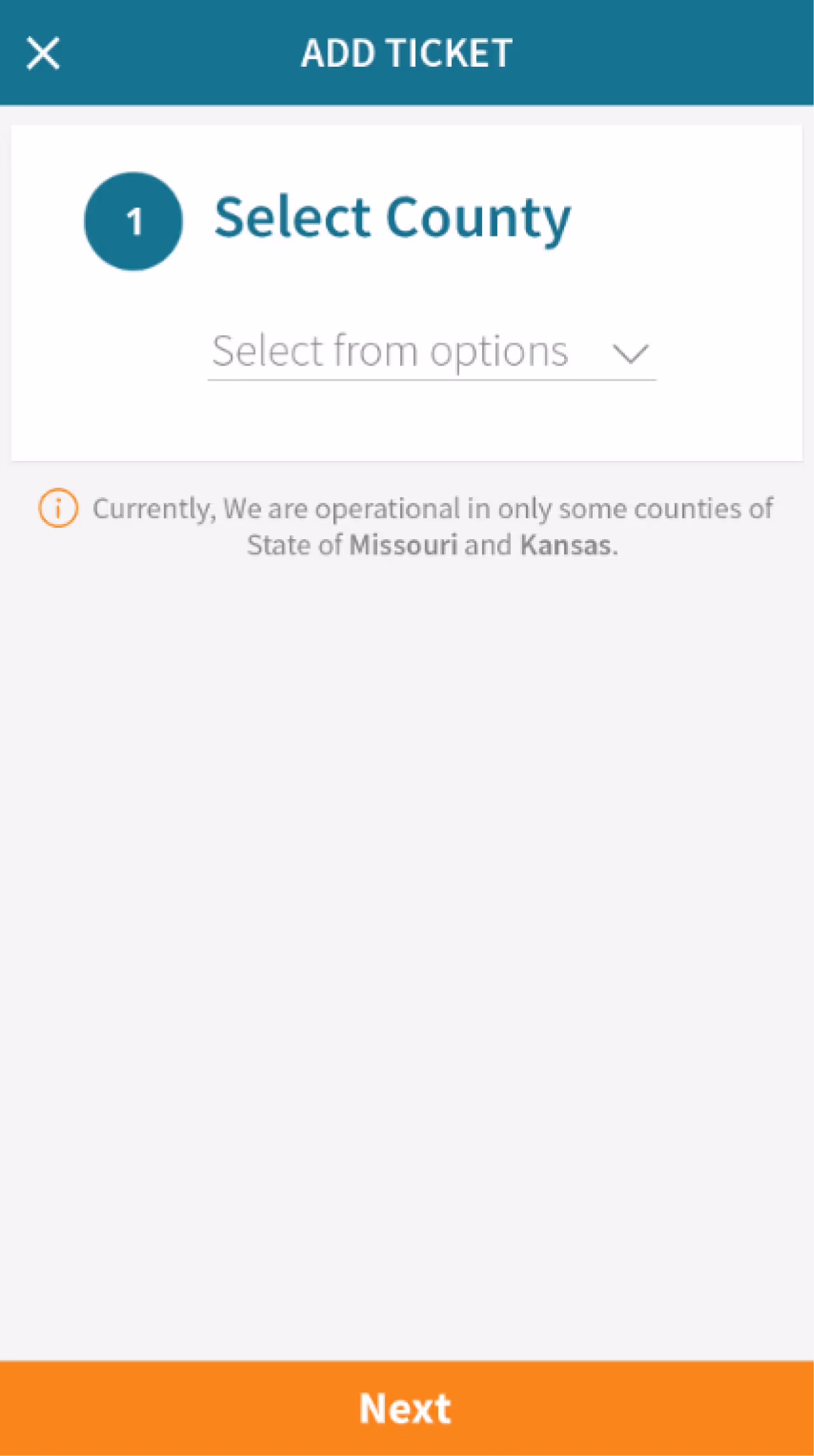 Resqyou mobile app screen 7 of 30 from the Missouri traffic-ticket amendment flow