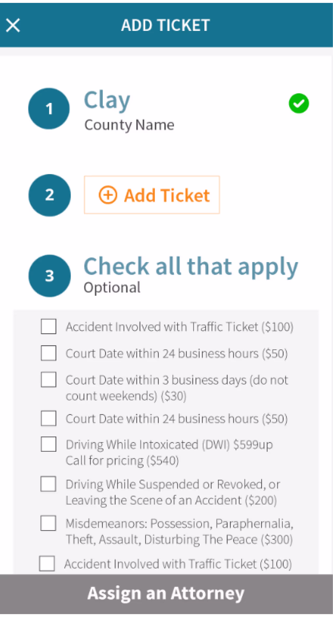 Resqyou mobile app screen 8 of 30 from the Missouri traffic-ticket amendment flow