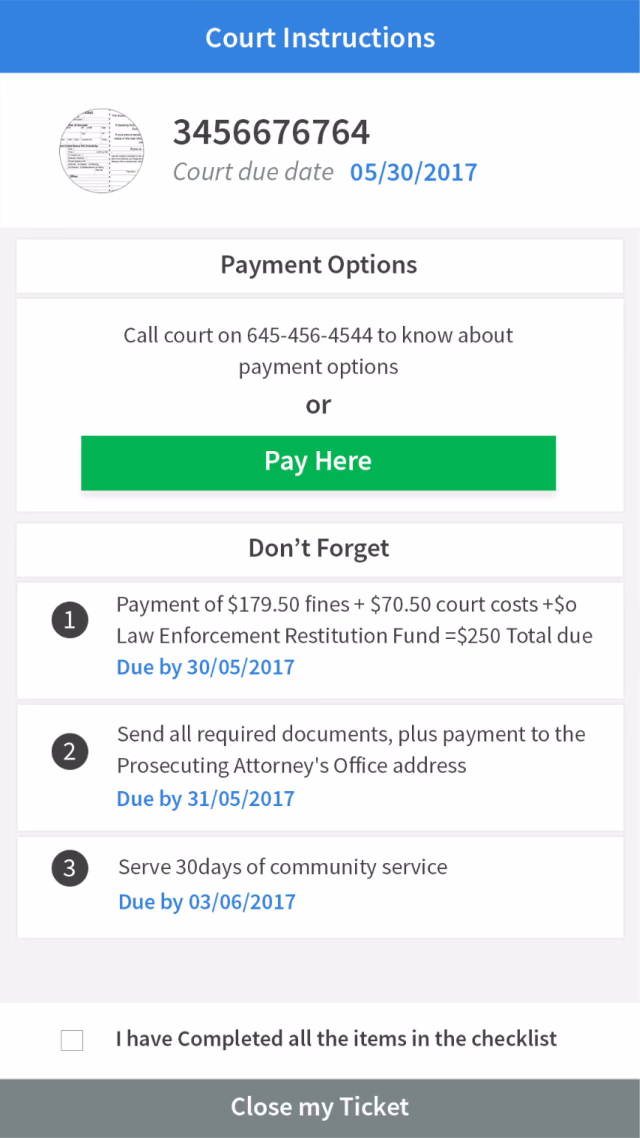 Resqyou mobile app screen 23 of 30 from the Missouri traffic-ticket amendment flow