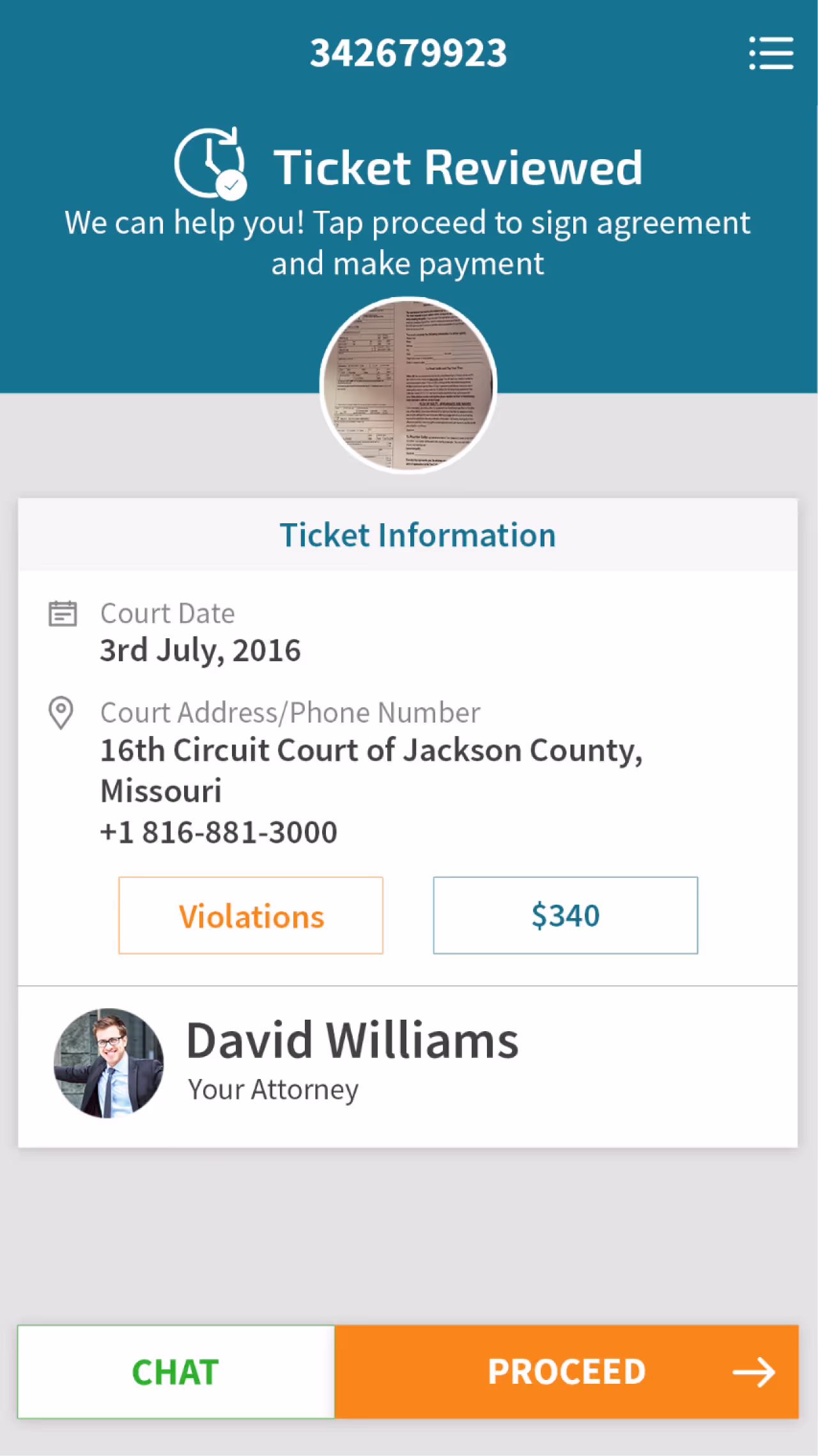 Resqyou mobile app screen 15 of 30 from the Missouri traffic-ticket amendment flow