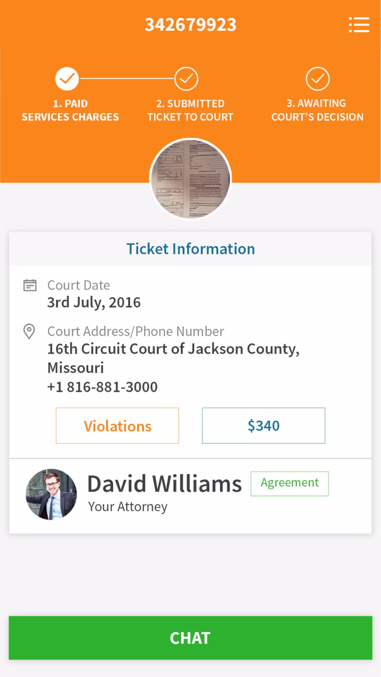 Resqyou mobile app screen 17 of 30 from the Missouri traffic-ticket amendment flow