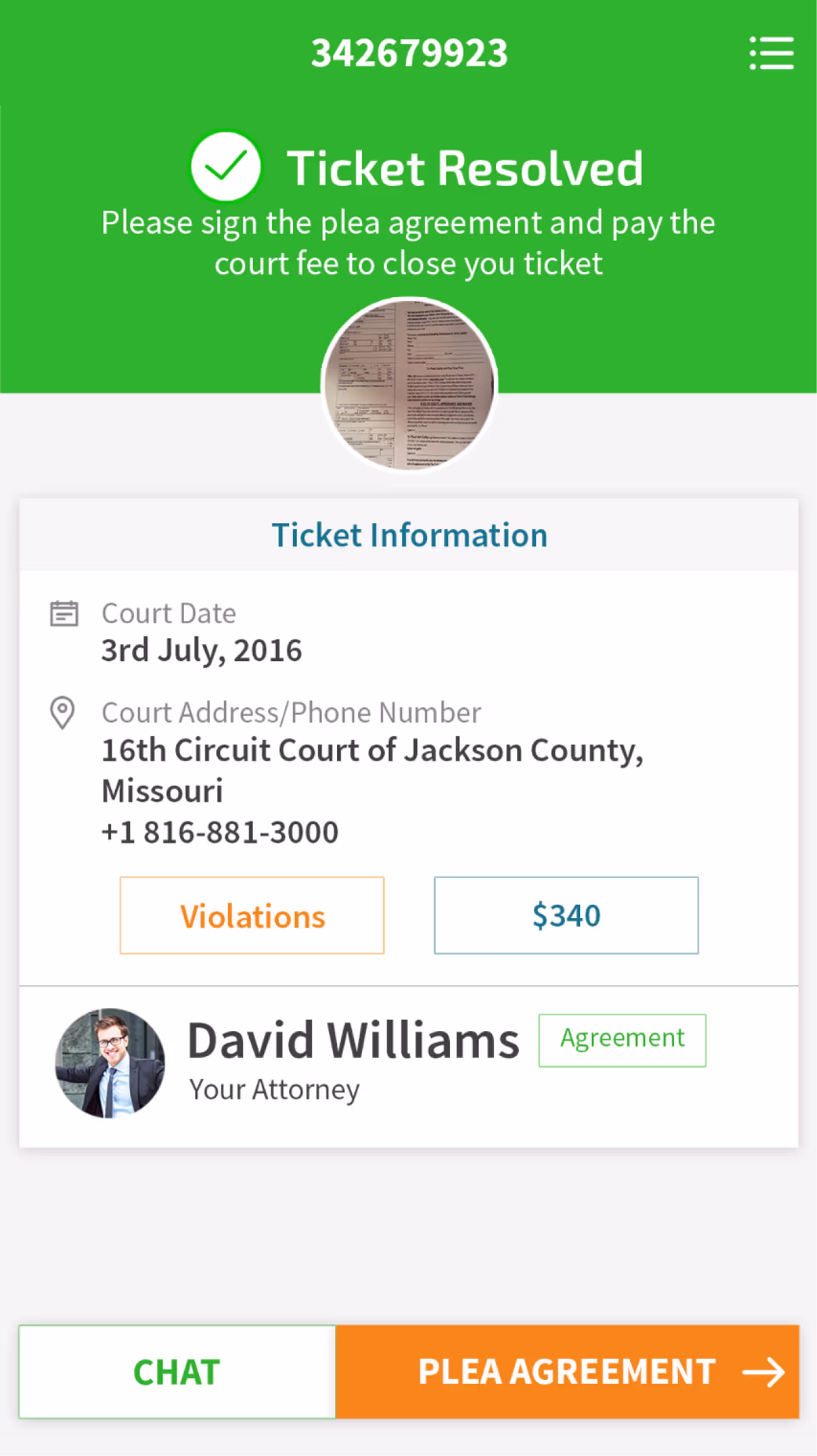 Resqyou mobile app screen 18 of 30 from the Missouri traffic-ticket amendment flow