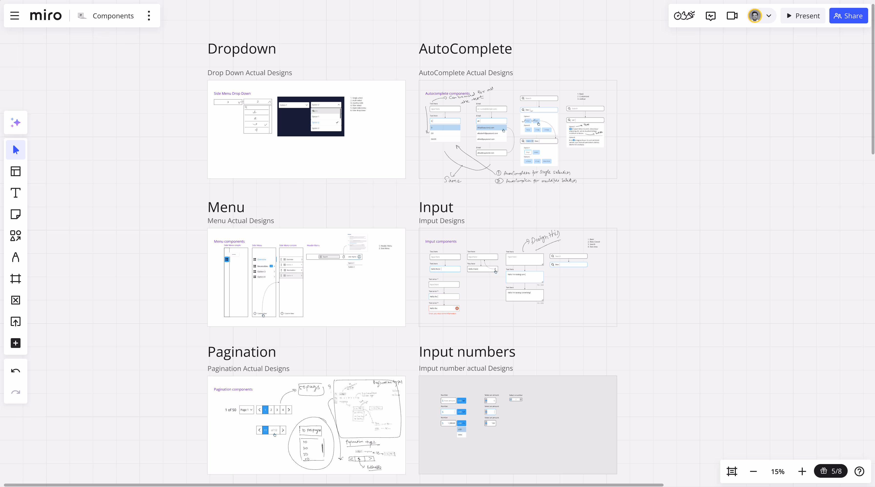 Miro board comparing existing product components — Dropdown, AutoComplete, Menu, Input, Pagination, Input Numbers — against their intended designs