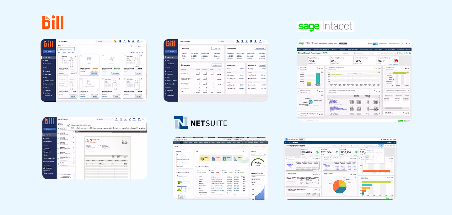 Competitor moodboard showing checkout and dashboard screens from Bill.com, Sage Intacct, and NetSuite, used as research for the component redesigns