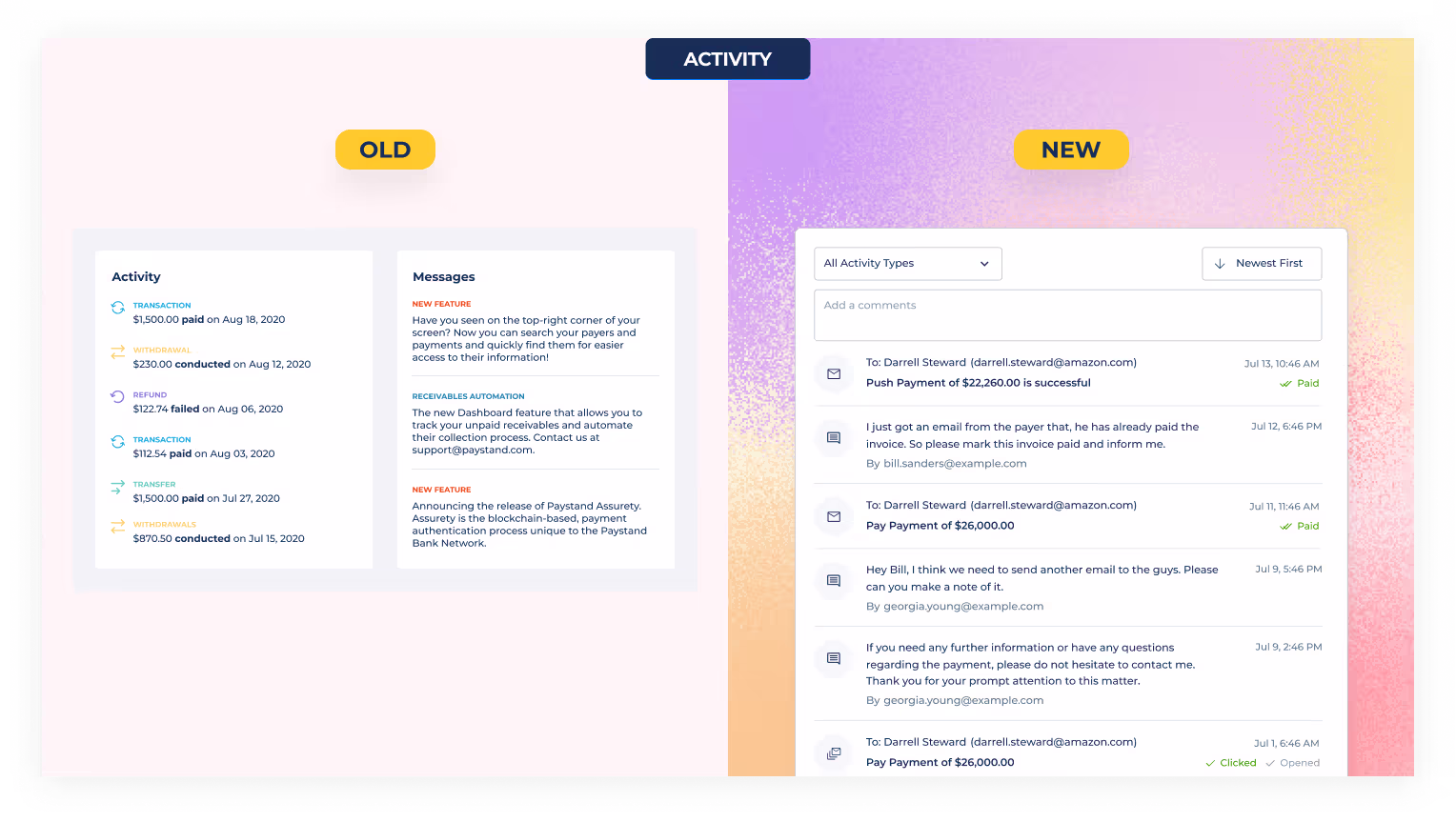 Redesigned activity/timeline component in the new Paystand design system