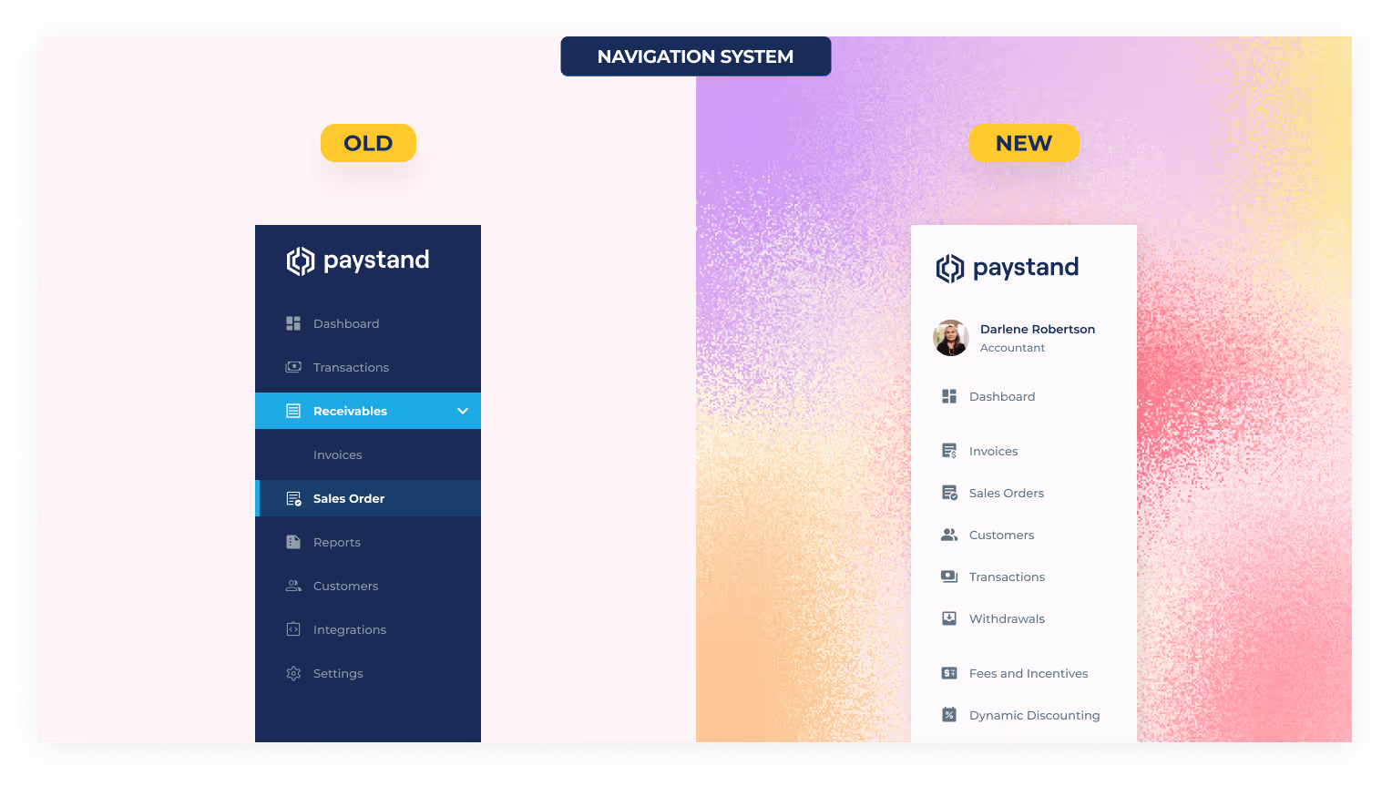 Redesigned navigation system component in the new Paystand design system