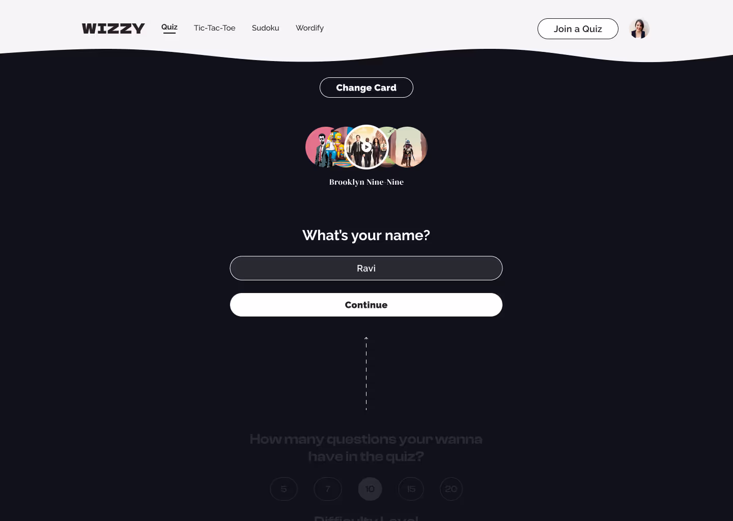 Wizzy quiz app screen (design frame 42)