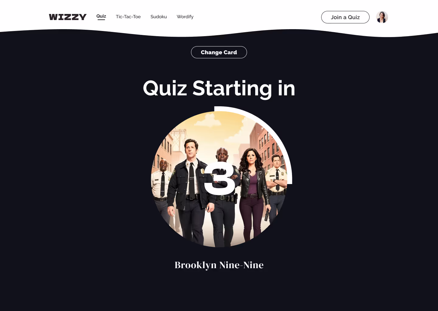 Wizzy quiz app screen (design frame 53)