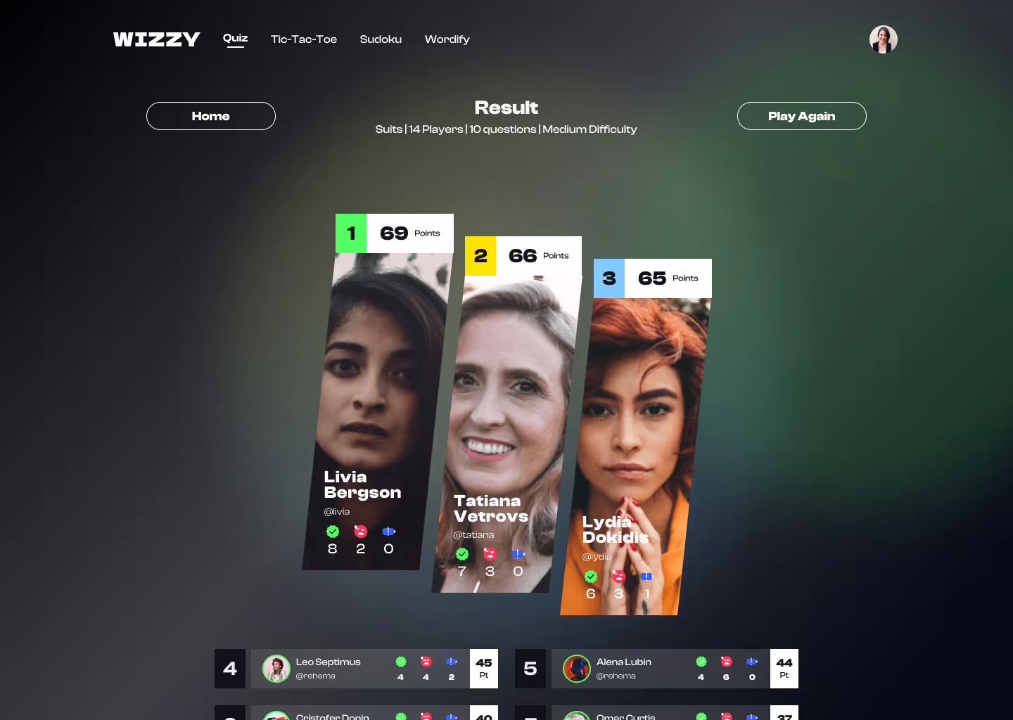 Wizzy quiz app screen (design frame 62)
