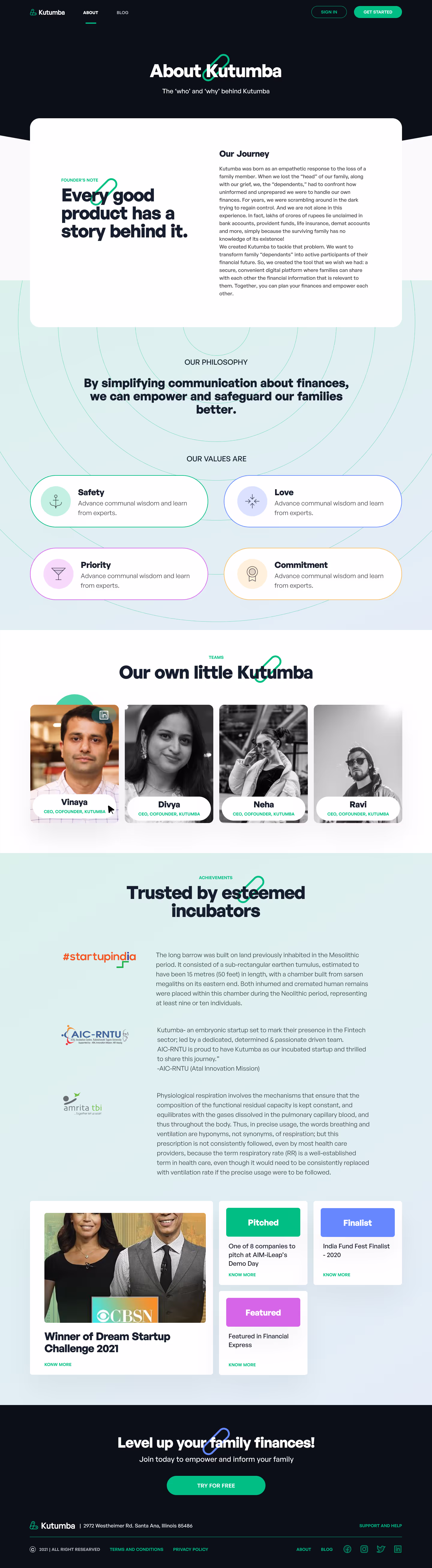 Kutumba marketing website about page
