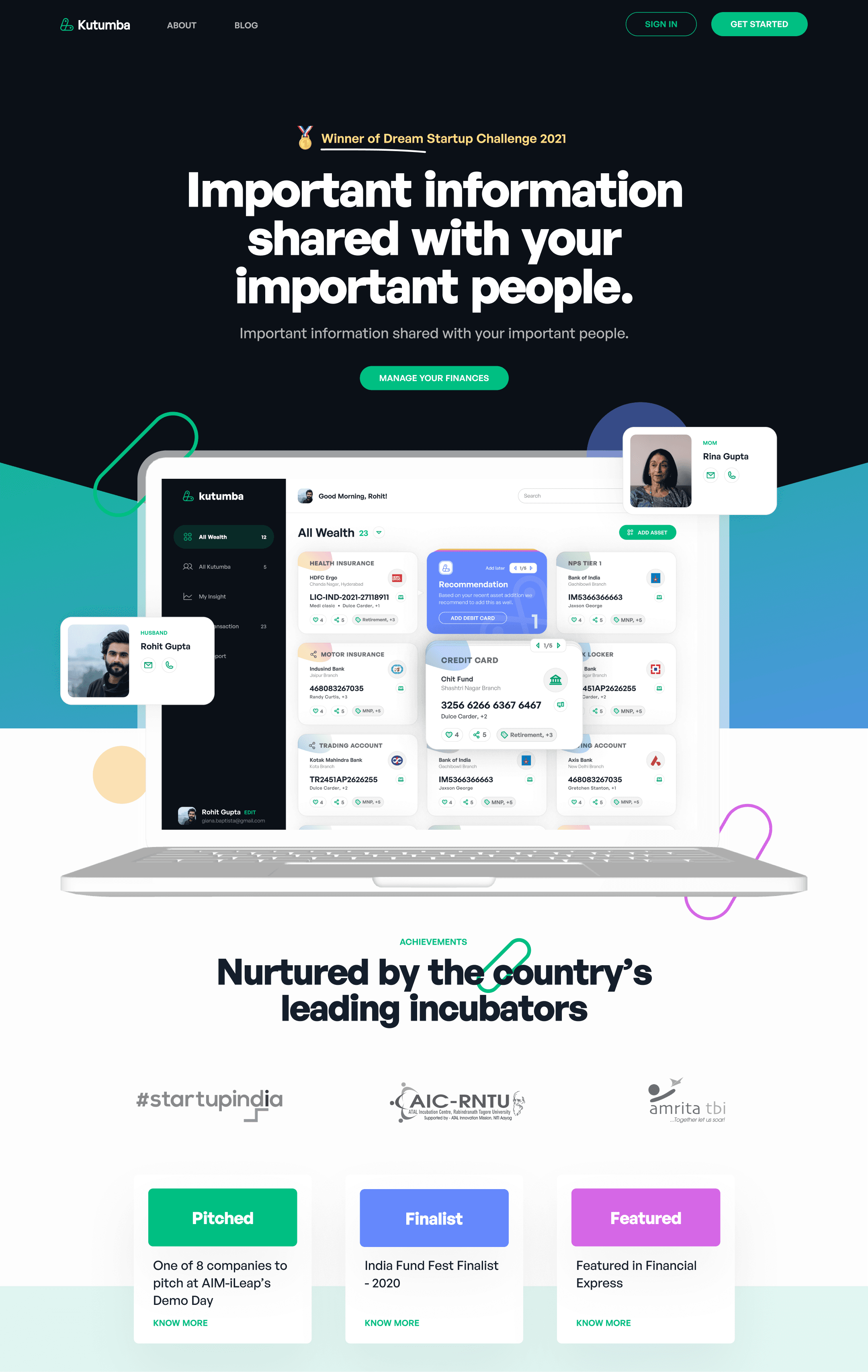 Kutumba marketing website landing page