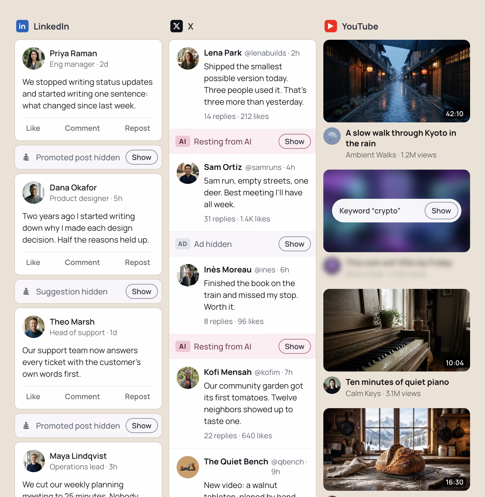 LinkedIn, X and YouTube feeds side by side, with ads, AI posts and blocked keywords folded into labelled bars