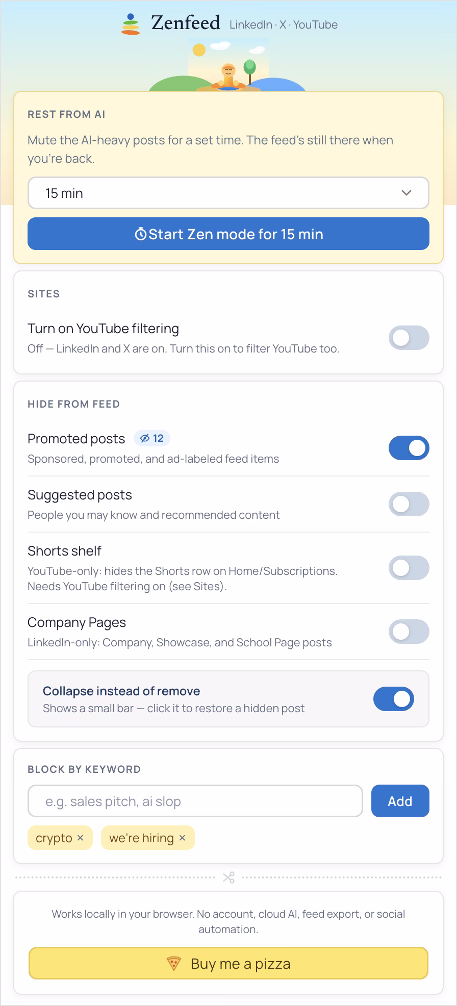 The first Zenfeed popup: every setting for every site in one long scrolling list