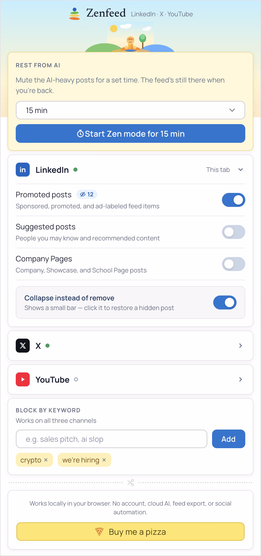 The second popup: settings grouped into a collapsible section per site